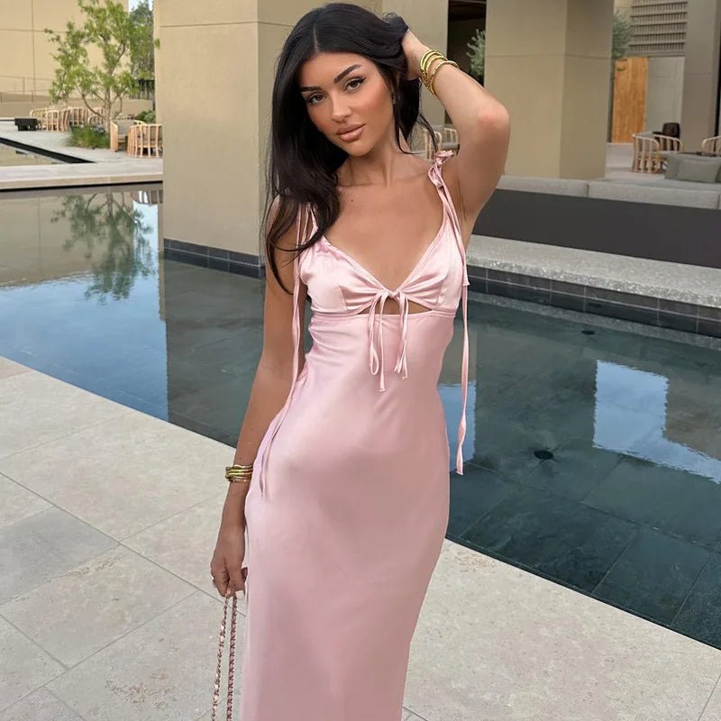 Aaliyah V-Neck Lace-Up Spaghetti Strap Maxi Dress