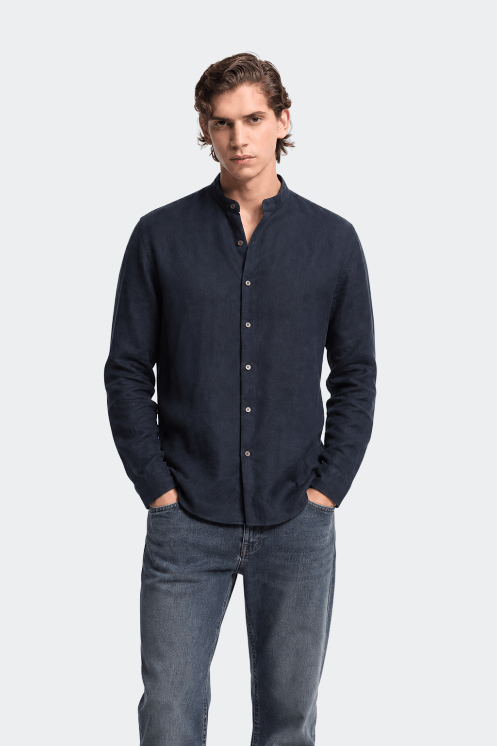 Band Collar Shirt Men Linen Casual Summer