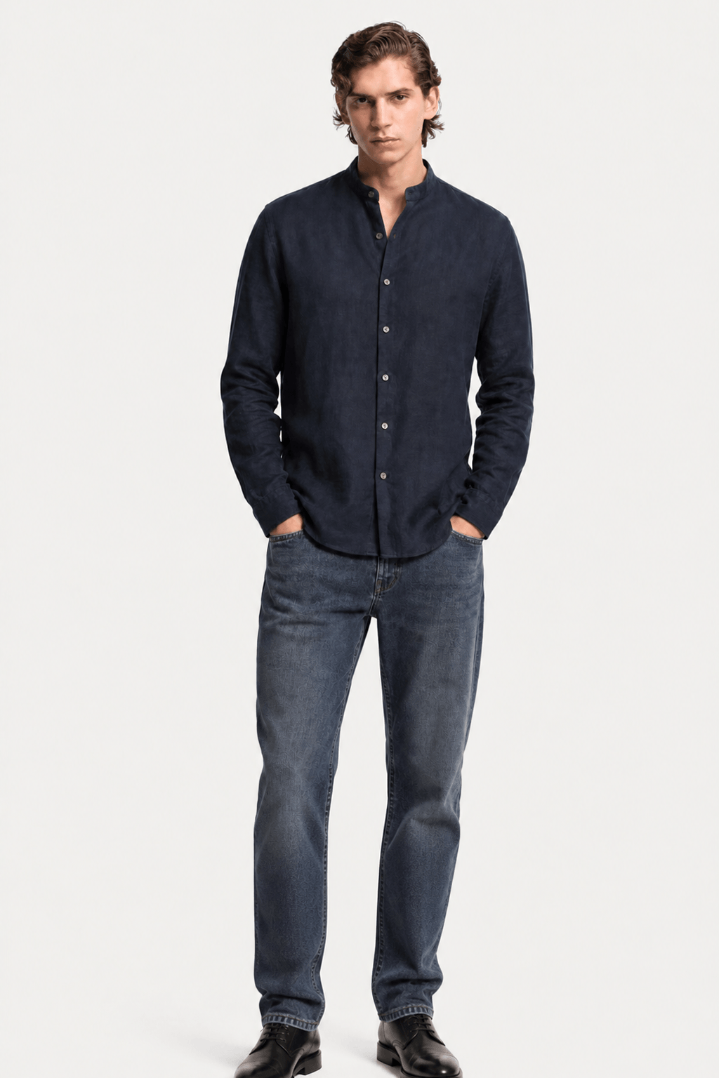 Band Collar Shirt Men Linen Casual Summer