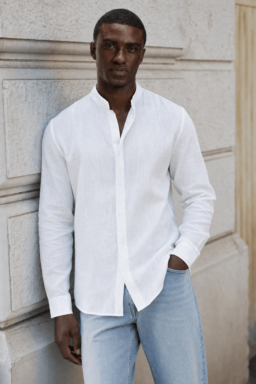 Band Collar Shirt Men Linen Casual Summer