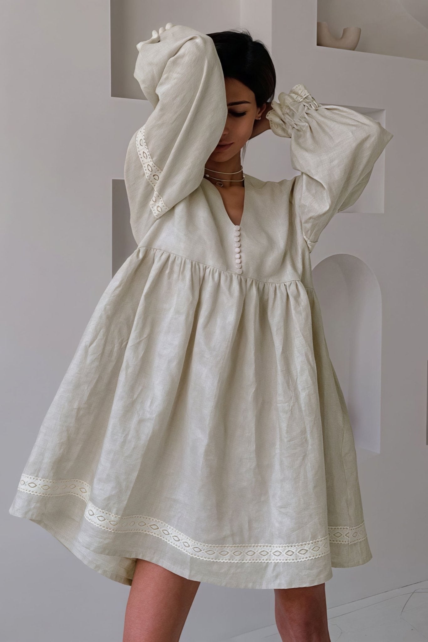 Beatrice Cotton Linen V-Neck Lantern Sleeve Mini Dress