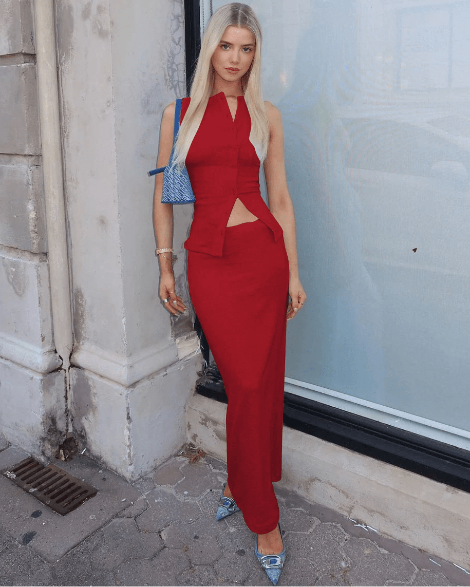 Beatrice Ribbed Single-Breasted Top & Maxi Skirt Set