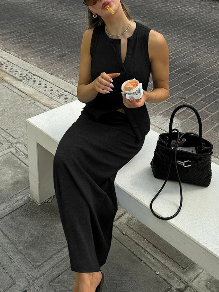 Beatrice Ribbed Single-Breasted Top & Maxi Skirt Set