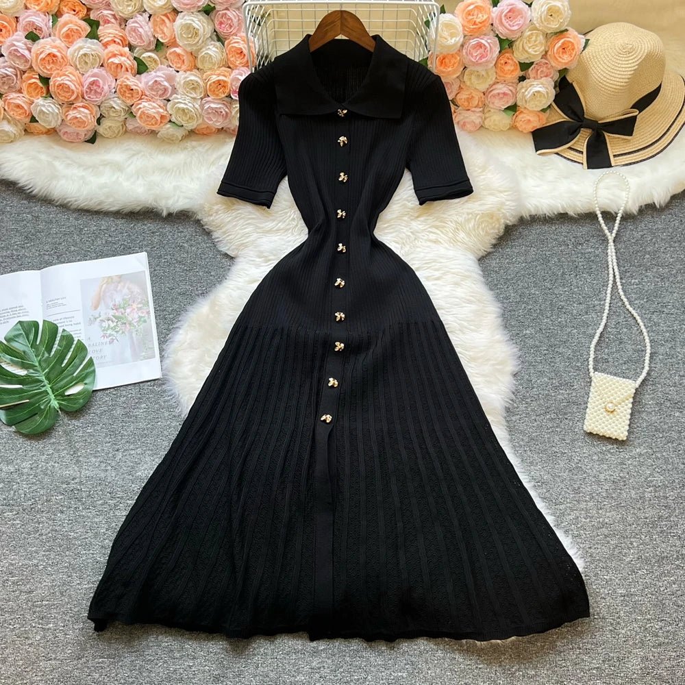 Beatrice Turn-Down Collar Knit Maxi Dress