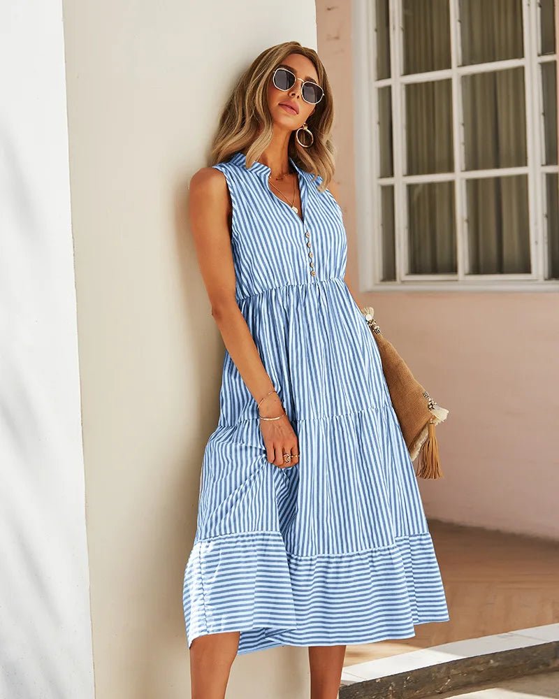 Bianca Striped V-Neck Sleeveless Shirt Dress