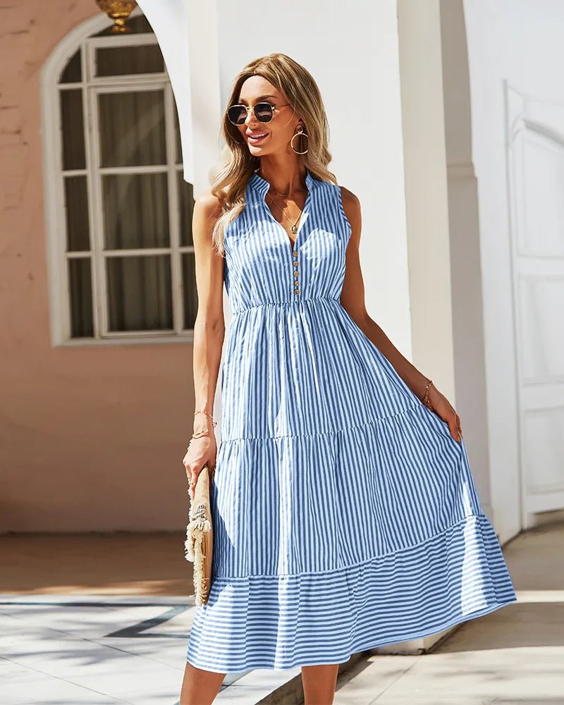 Bianca Striped V-Neck Sleeveless Shirt Dress