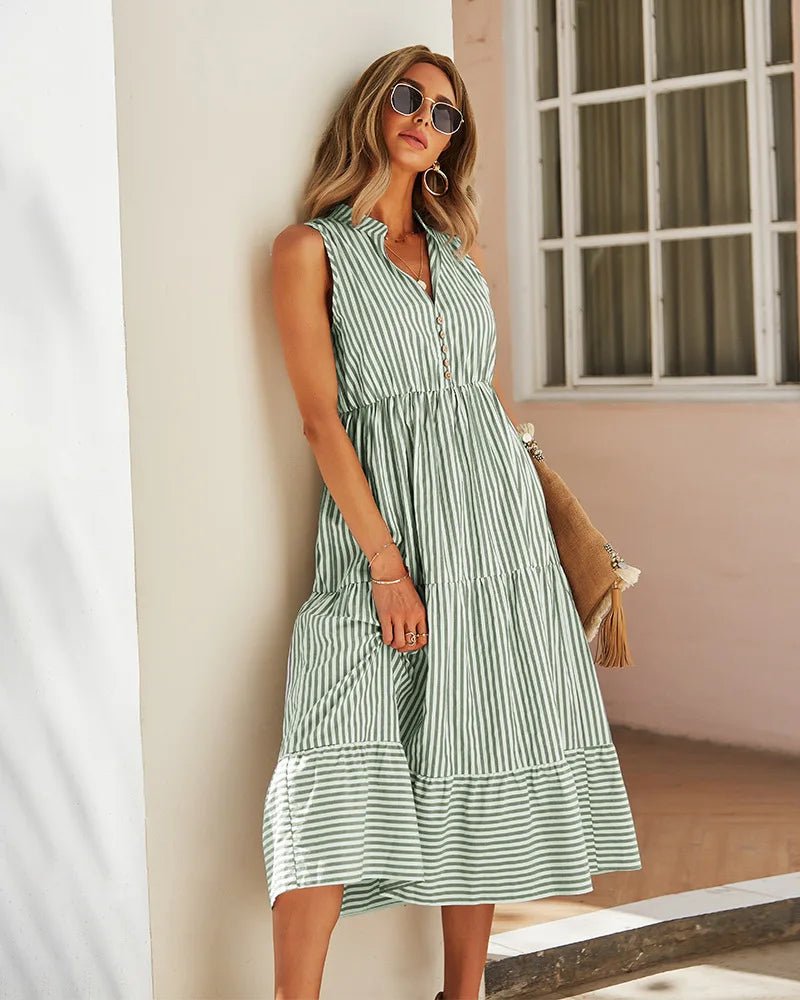 Bianca Striped V-Neck Sleeveless Shirt Dress