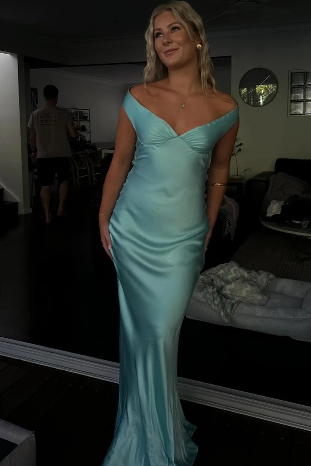 Clea Satin Off the Shoulder Maxi Dress