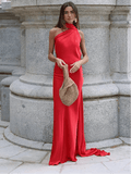 Demetra Satin Halter Backless Evening Gown