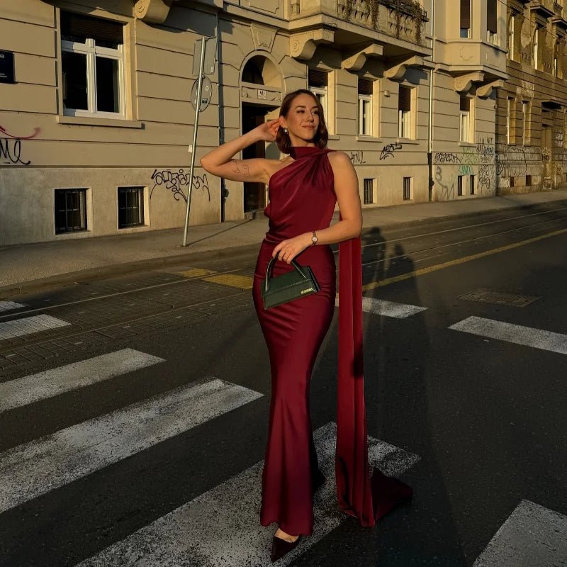 Demetra Satin Halter Backless Evening Gown