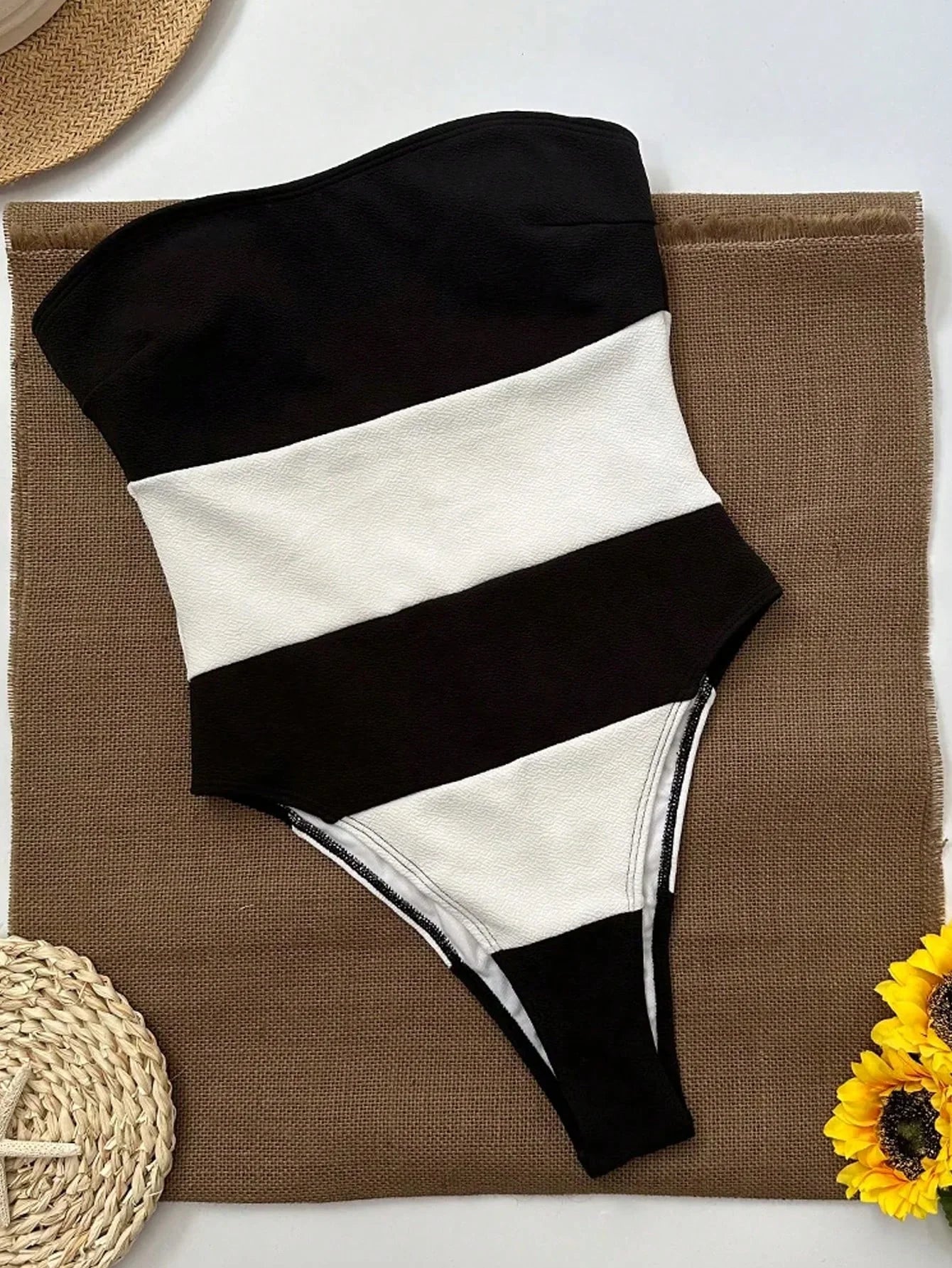 Elegant Off-Shoulder Jumpsuit for Women with High Leg Cut & Contrast Stripes | Chic Beachwear for Stylish Summer Outings
