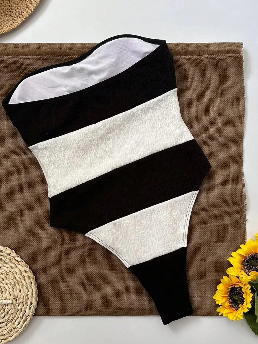 Elegant Off-Shoulder Jumpsuit for Women with High Leg Cut & Contrast Stripes | Chic Beachwear for Stylish Summer Outings