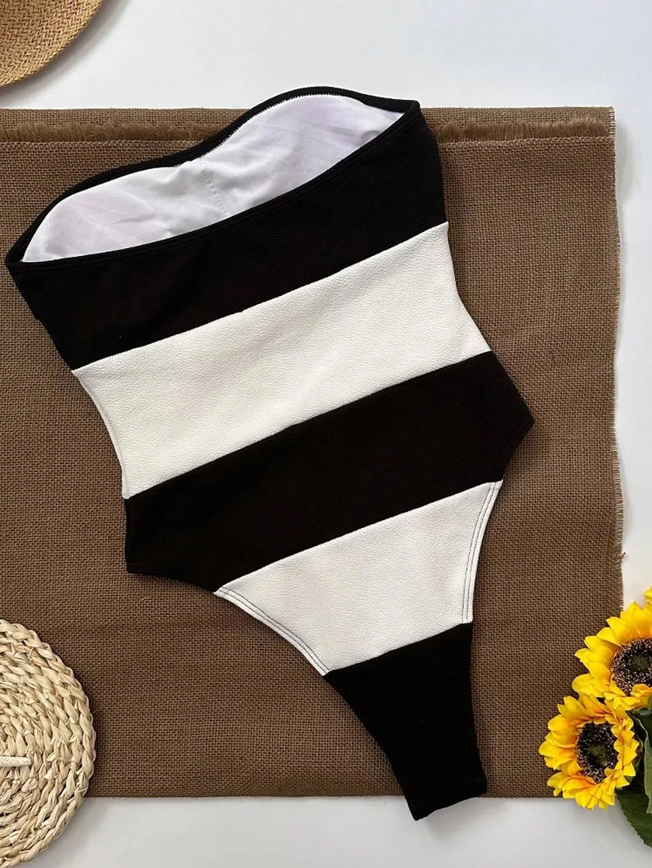 Elegant Off-Shoulder Jumpsuit for Women with High Leg Cut & Contrast Stripes | Chic Beachwear for Stylish Summer Outings