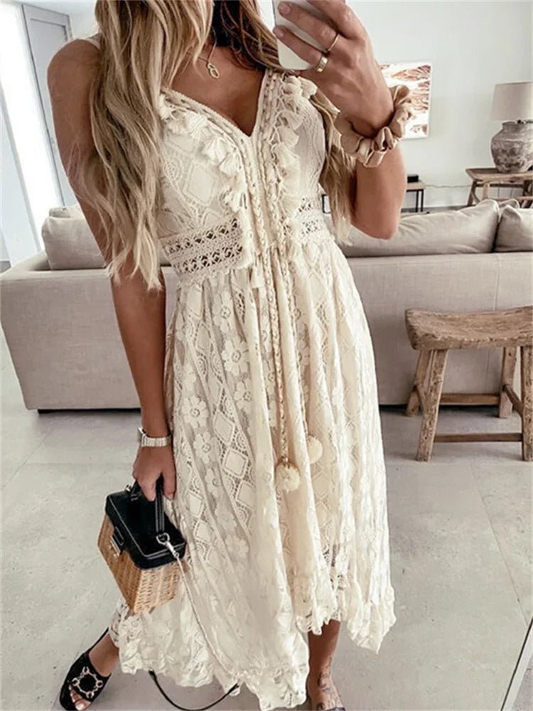 Esra Sleeveless Lace V-Neck Maxi Dress