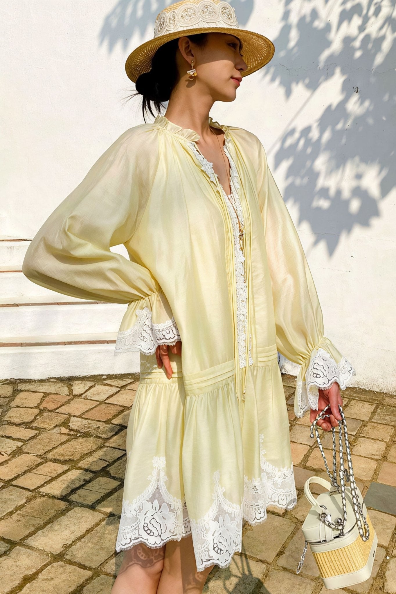 Imara Linen Lace Patchwork Midi Dress