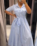Katniss Striped Lace-Up Collar Maxi Dress