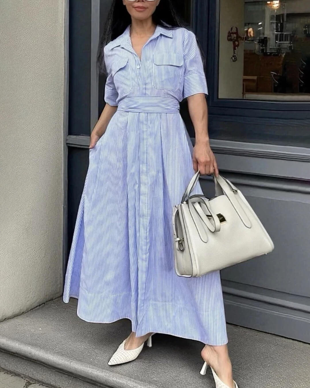 Katniss Striped Lace-Up Collar Maxi Dress