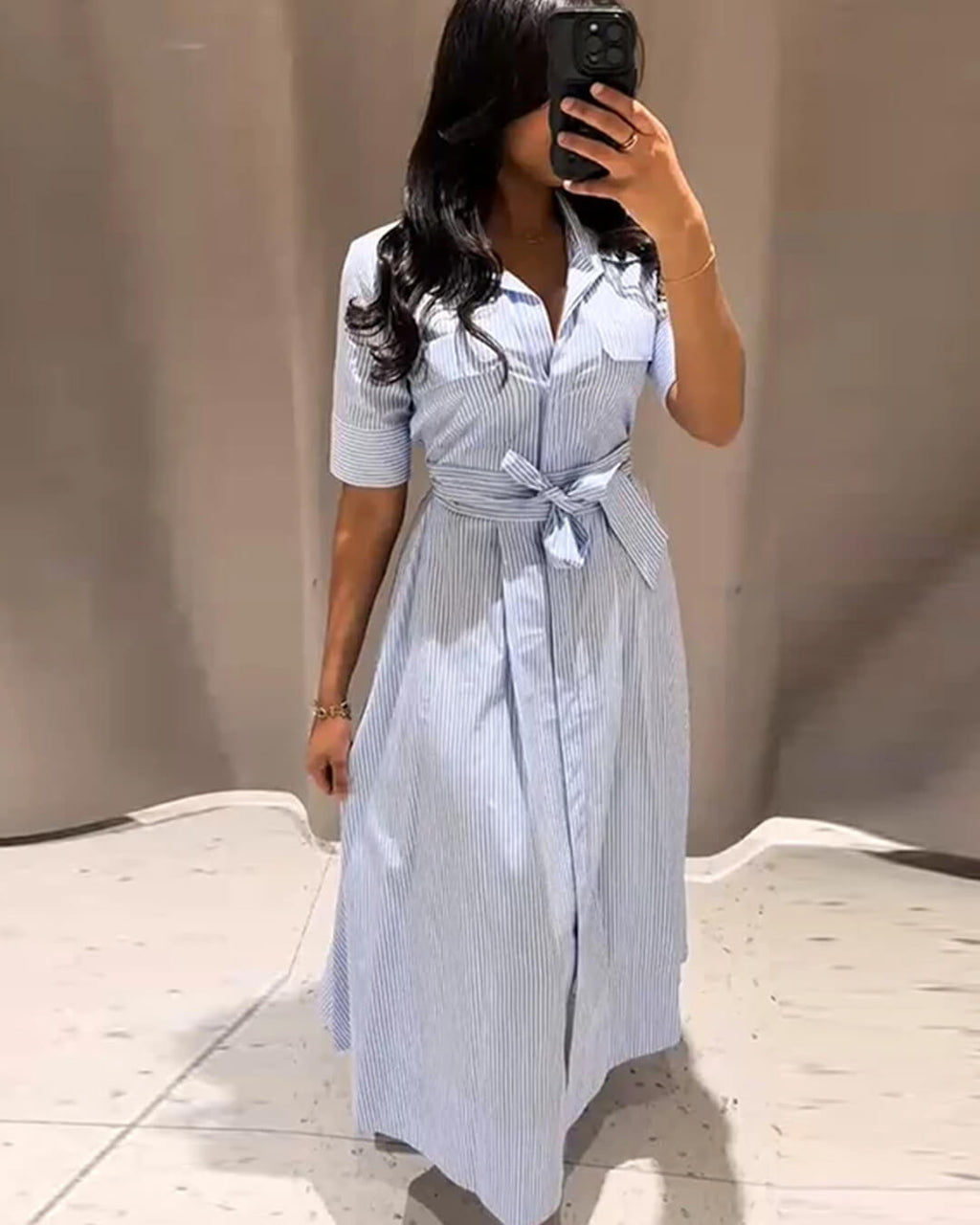 Katniss Striped Lace-Up Collar Maxi Dress