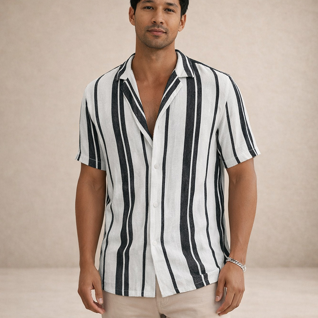 Men's Blouse Regular Fit Linen Long Sleeves Striped