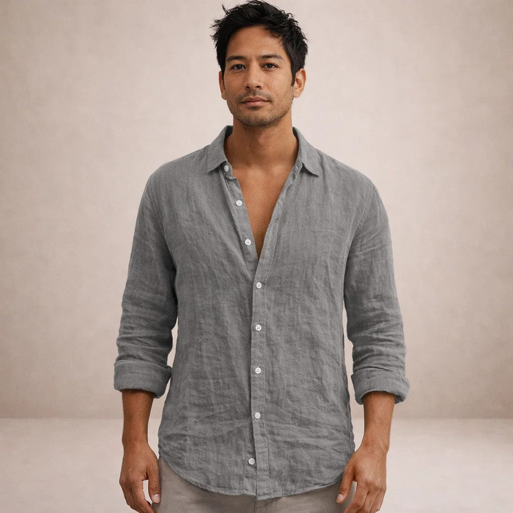 Men's Linen Shirt Regular Fit Airy Fabric Open Collar Long Sleeves