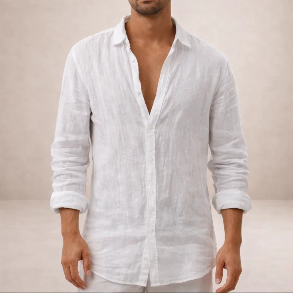 Men's Linen Shirt Regular Fit Airy Fabric Open Collar Long Sleeves
