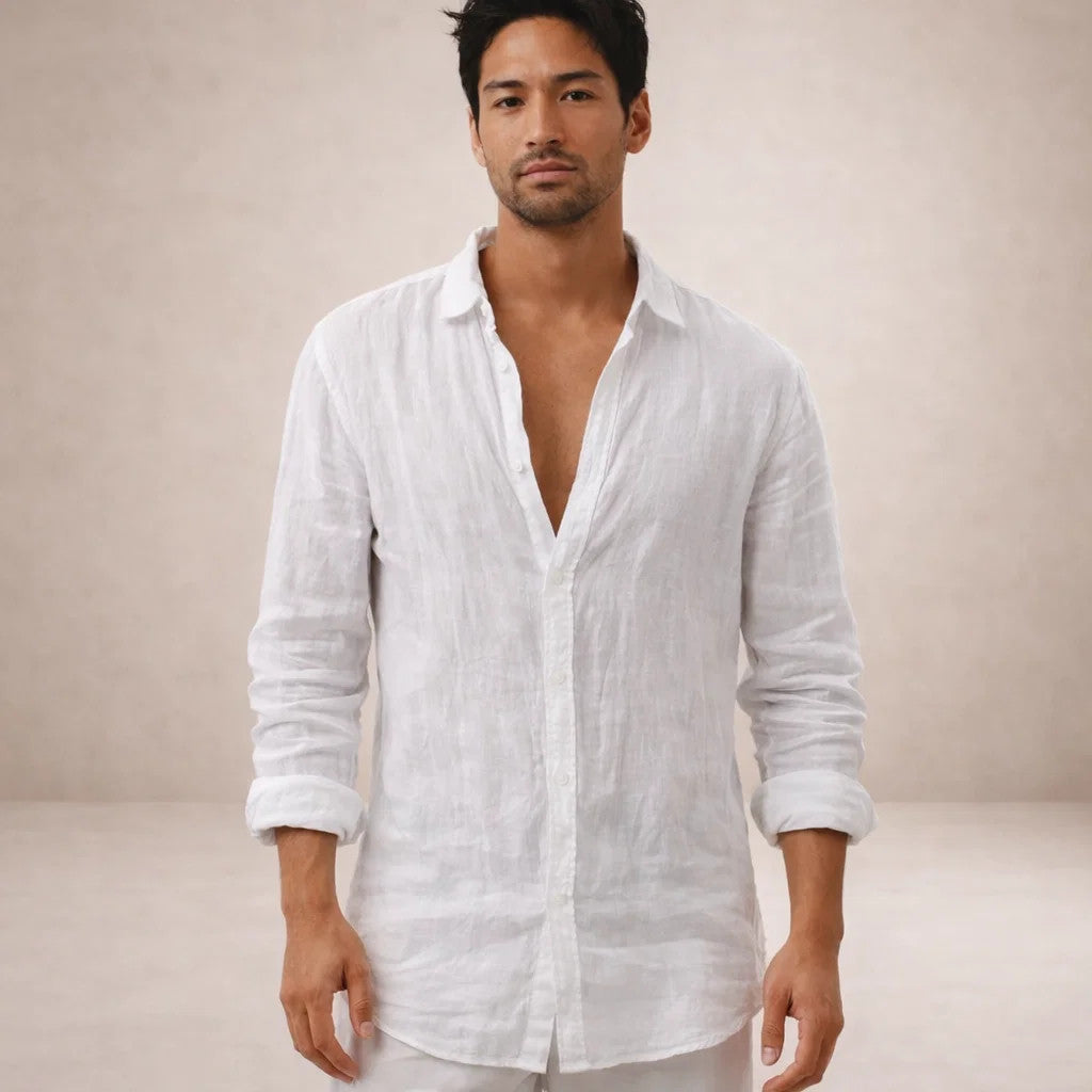 Men's Linen Shirt Regular Fit Airy Fabric Open Collar Long Sleeves