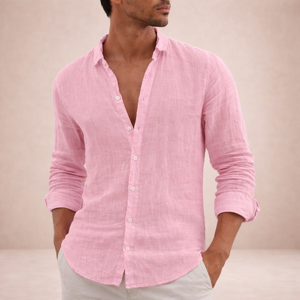 Men's Linen Shirt Regular Fit Airy Fabric Open Collar Long Sleeves