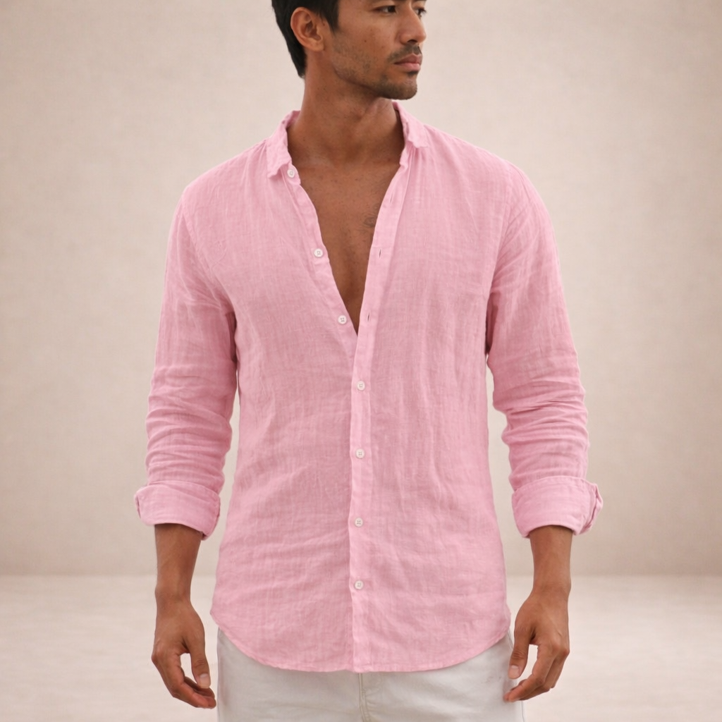 Men's Linen Shirt Regular Fit Airy Fabric Open Collar Long Sleeves