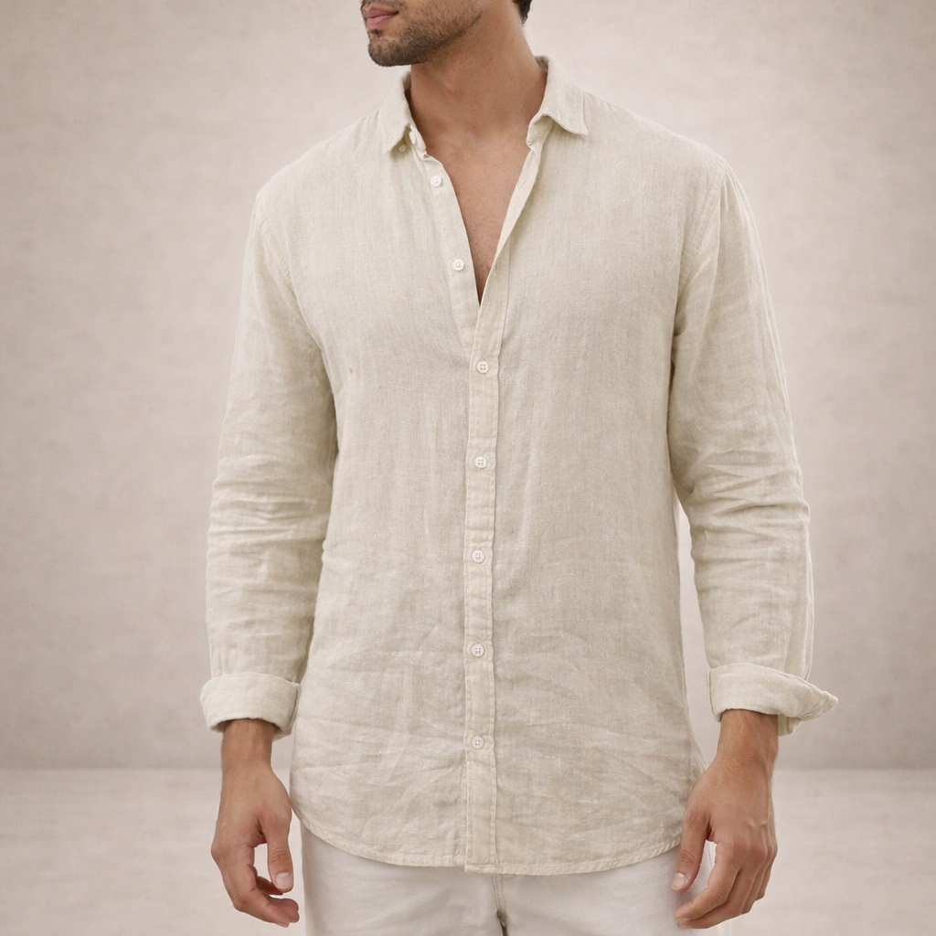 Men's Linen Shirt Regular Fit Airy Fabric Open Collar Long Sleeves