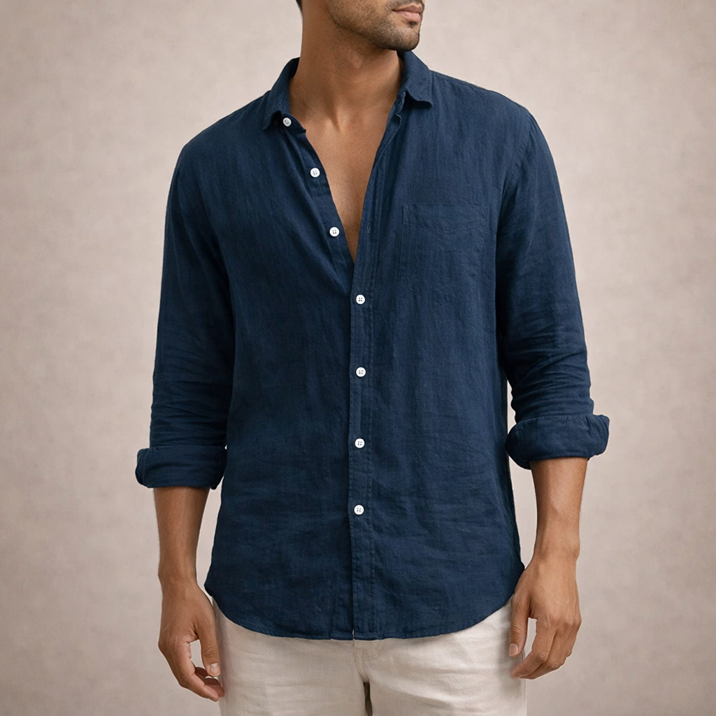 Men's Linen Shirt Regular Fit Airy Fabric Open Collar Long Sleeves