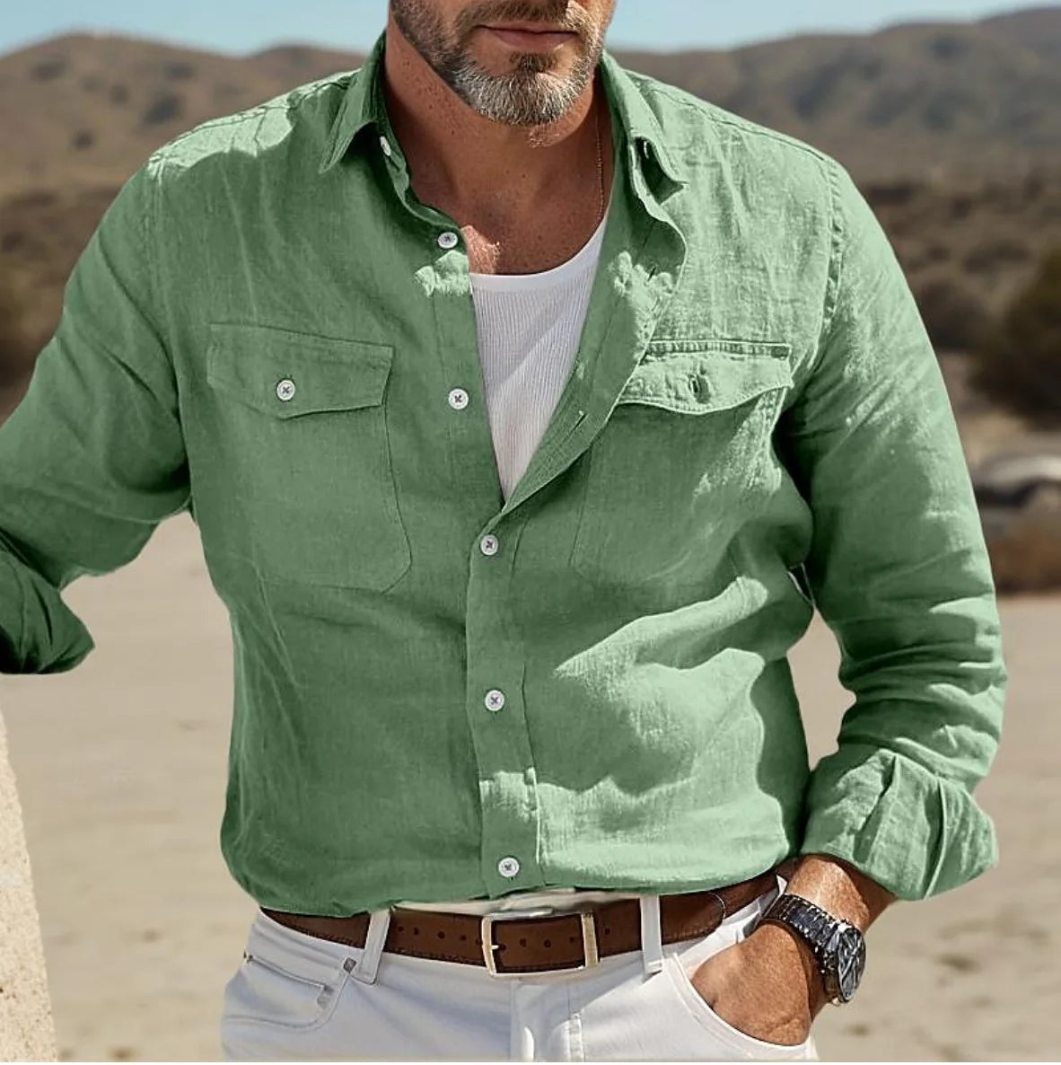 Men's Long Sleeve Casual Shirt with Chest Pockets