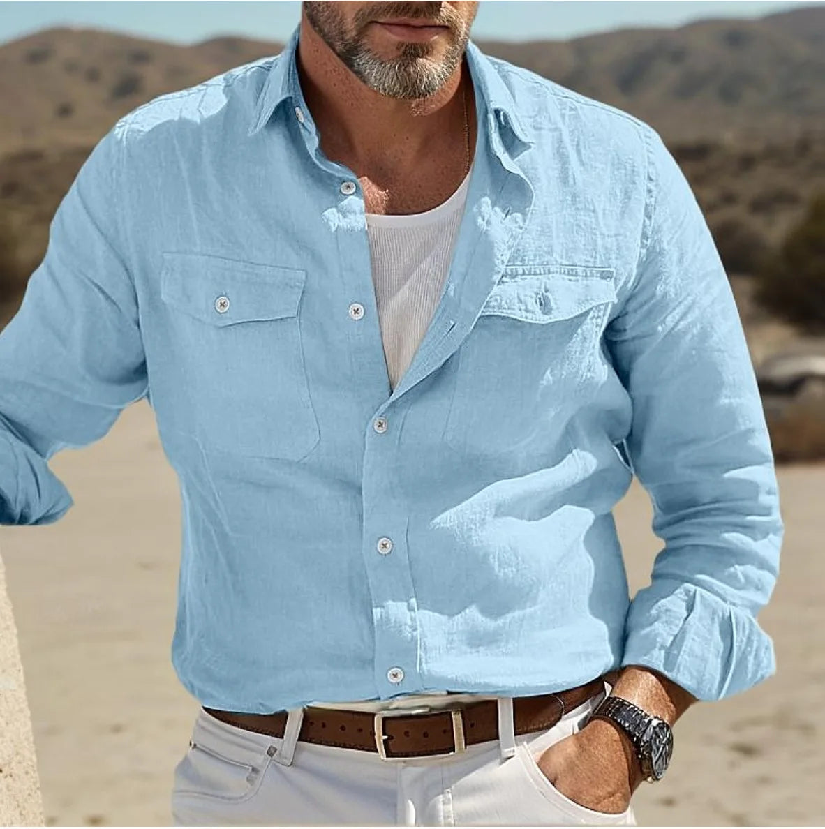 Men's Long Sleeve Casual Shirt with Chest Pockets