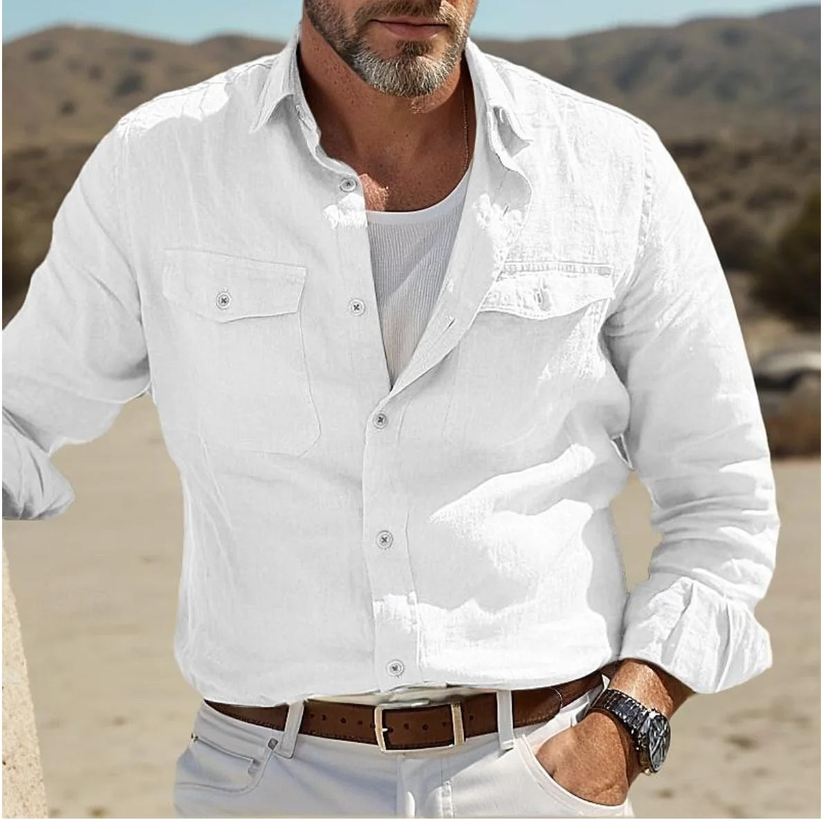 Men's Long Sleeve Casual Shirt with Chest Pockets