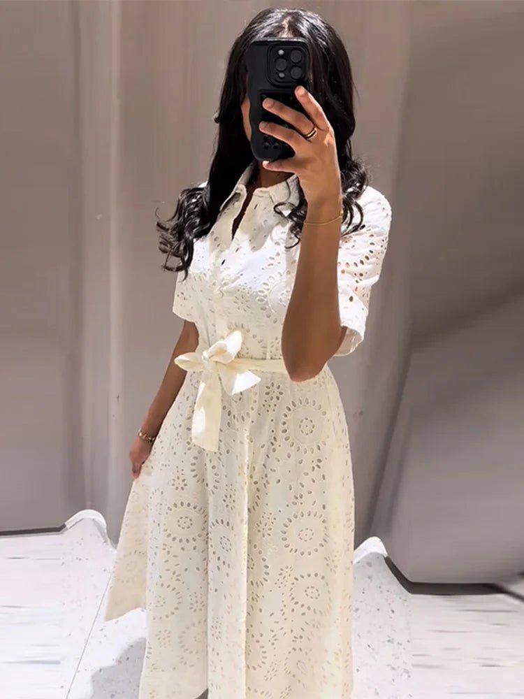 Merida Embroidered Belted Midi Dress