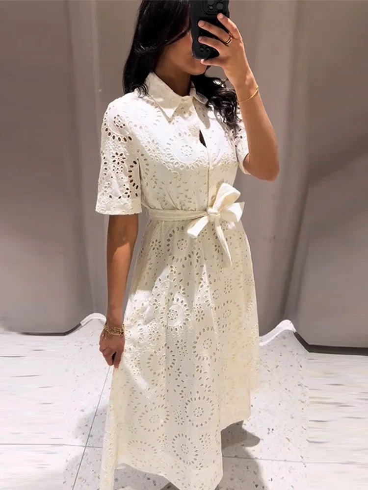 Merida Embroidered Belted Midi Dress