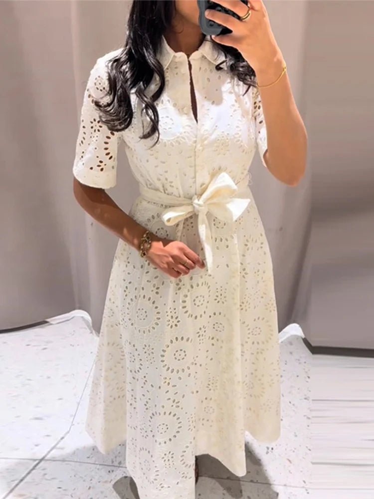Merida Embroidered Belted Midi Dress
