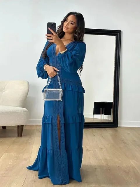 Molly Deep V-Neck Ruffle Maxi Dress
