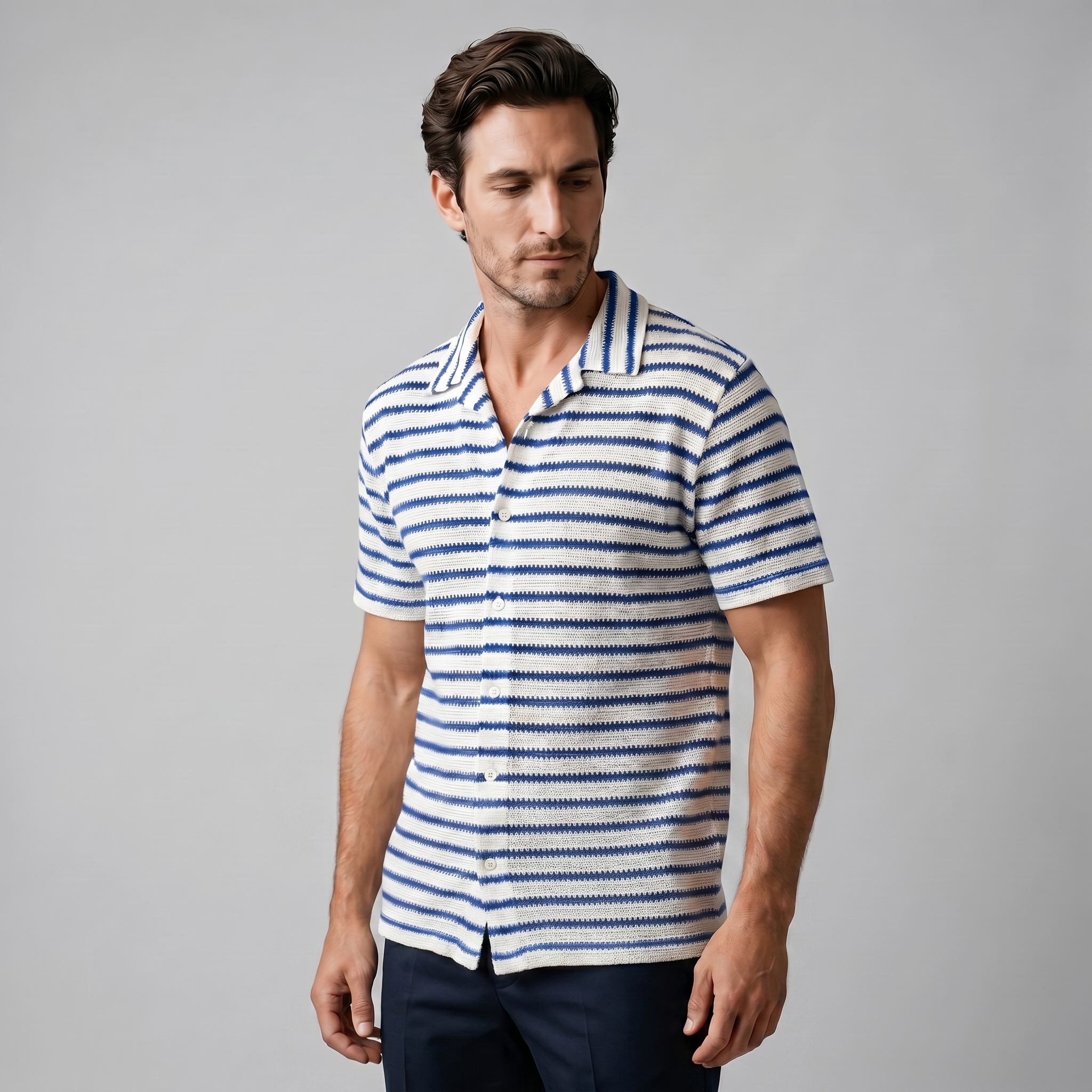 Open Knit Stripe Resort Shirt Men Summer Casual