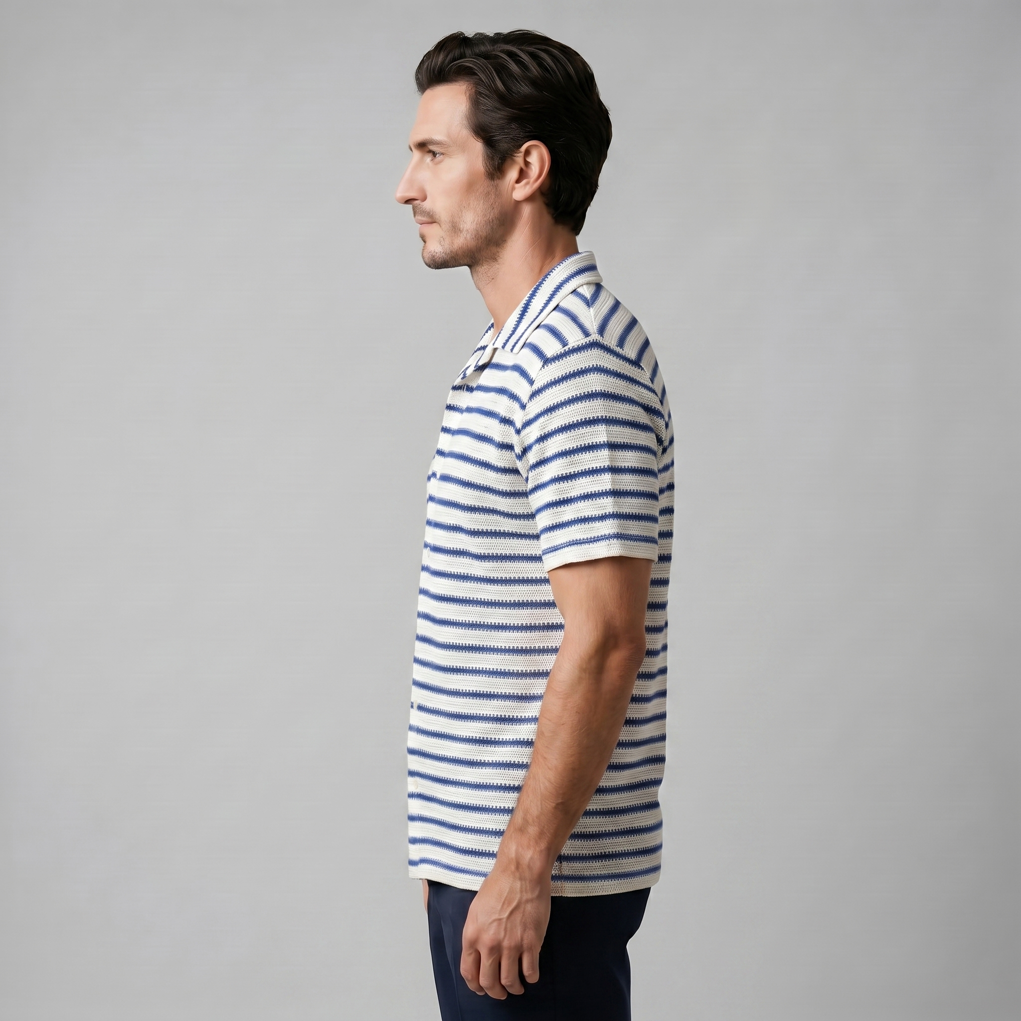 Open Knit Stripe Resort Shirt Men Summer Casual