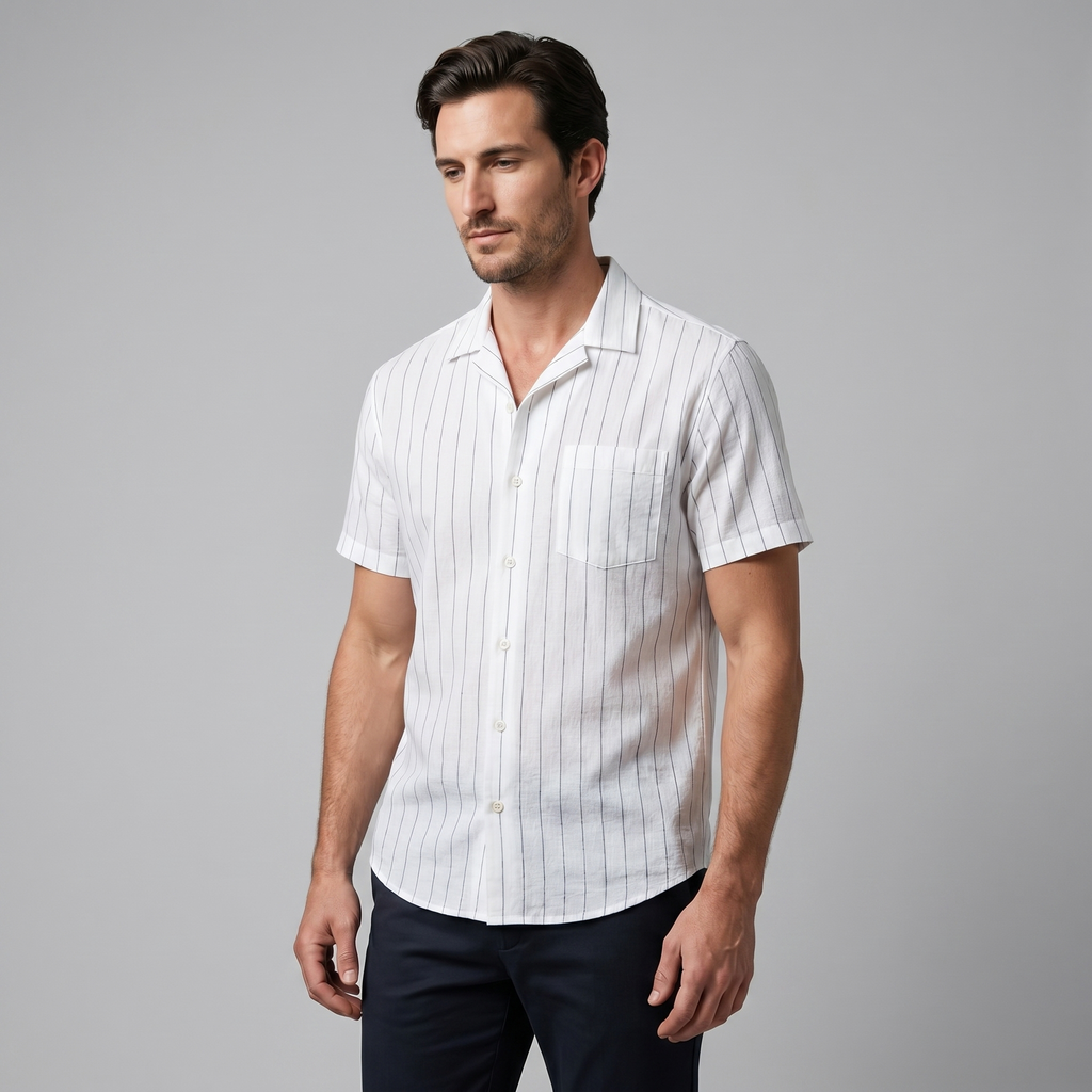 Pinstripe Camp Shirt Men Short Sleeves Casual Summer