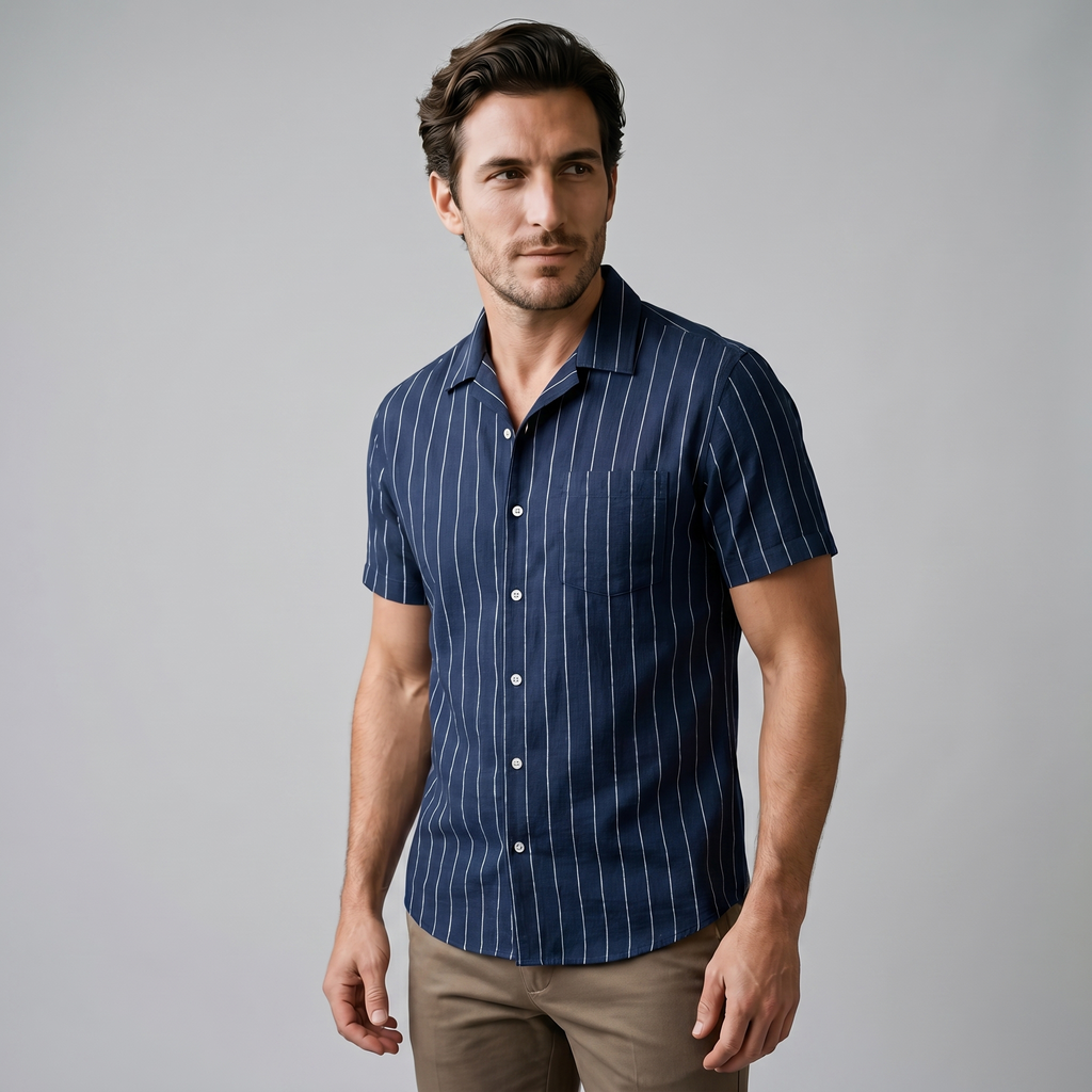 Pinstripe Camp Shirt Men Short Sleeves Casual Summer
