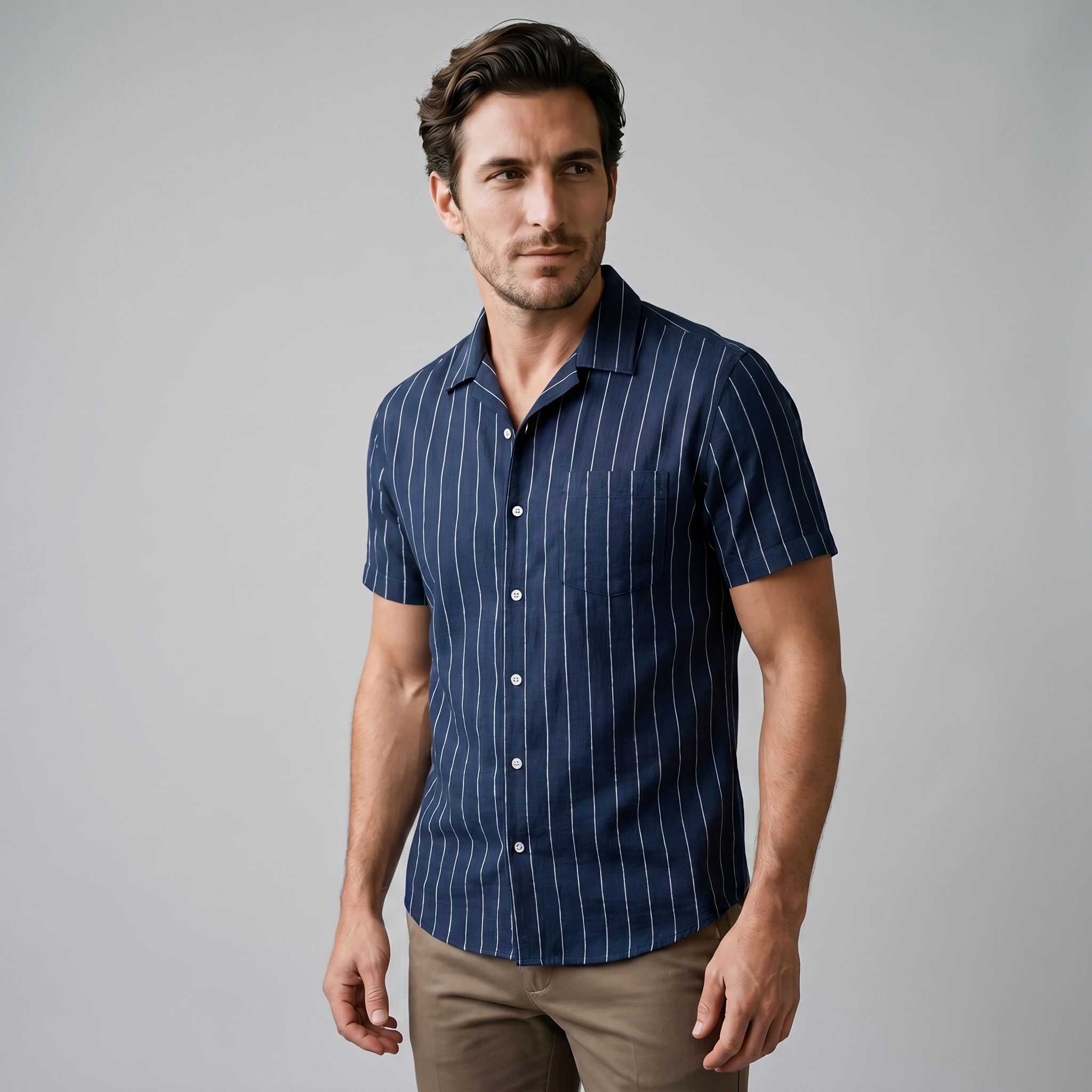 Pinstripe Camp Shirt Men Short Sleeves Casual Summer