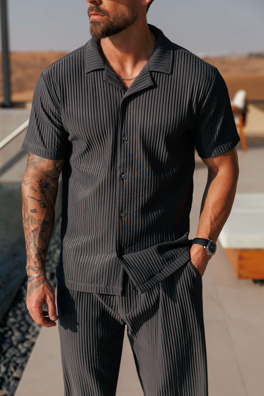 Pleated Shirt Men Relaxed Fit Summer Casual