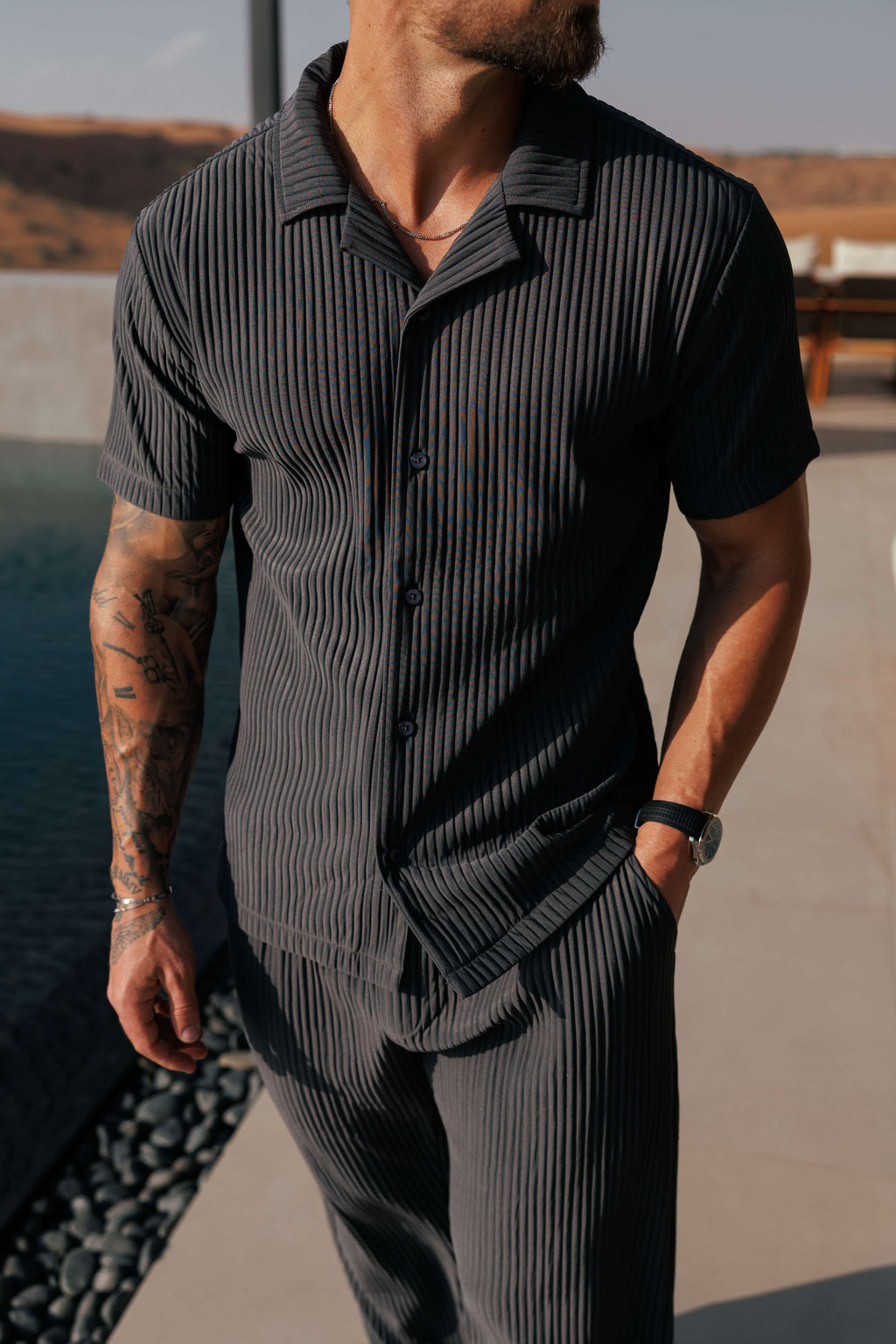 Pleated Shirt Men Relaxed Fit Summer Casual