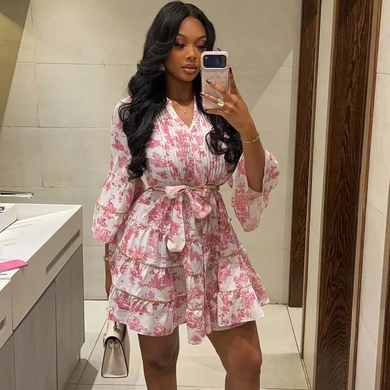Serena Floral V-Neck Mini Dress with Bell Sleeves