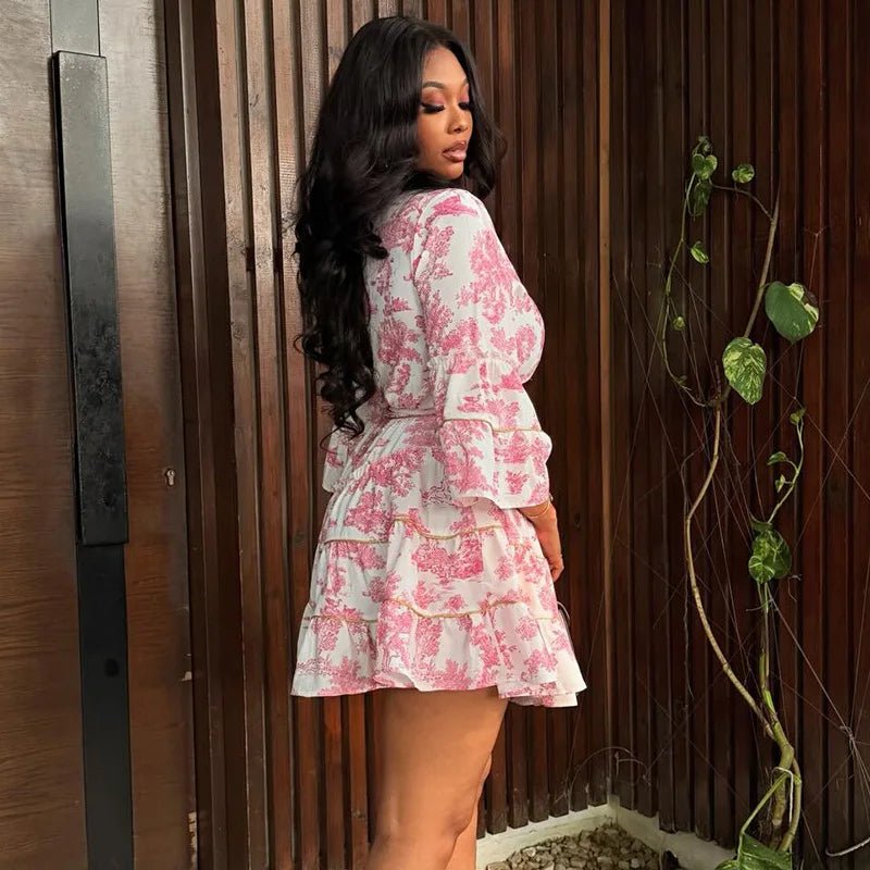 Serena Floral V-Neck Mini Dress with Bell Sleeves