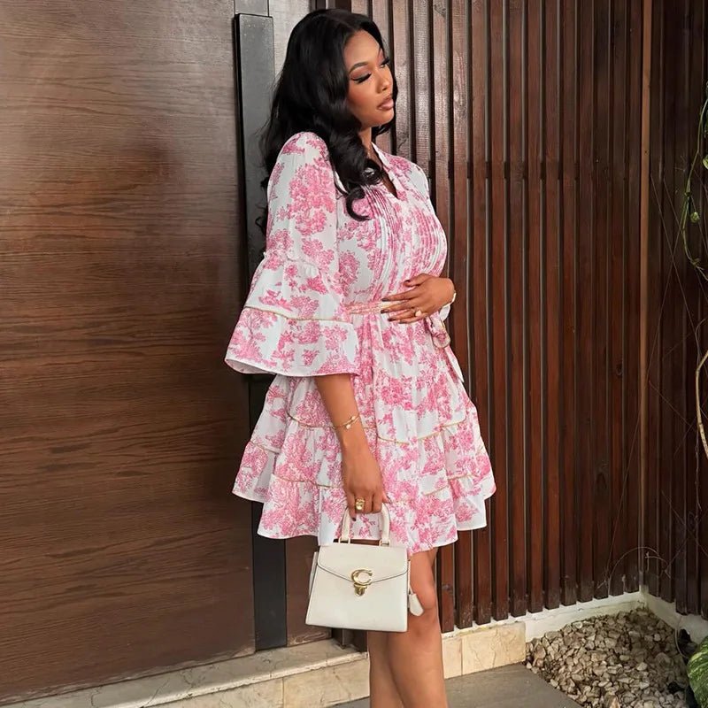 Serena Floral V-Neck Mini Dress with Bell Sleeves
