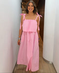 Sophia Pink Bow Tiered Midi Dress