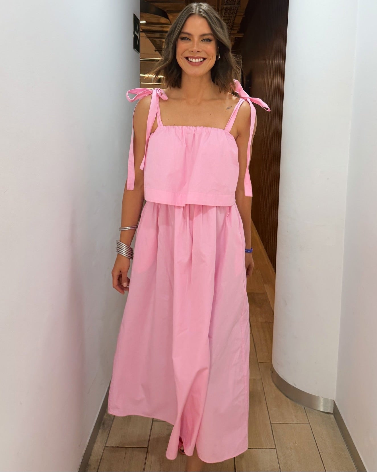 Sophia Pink Bow Tiered Midi Dress