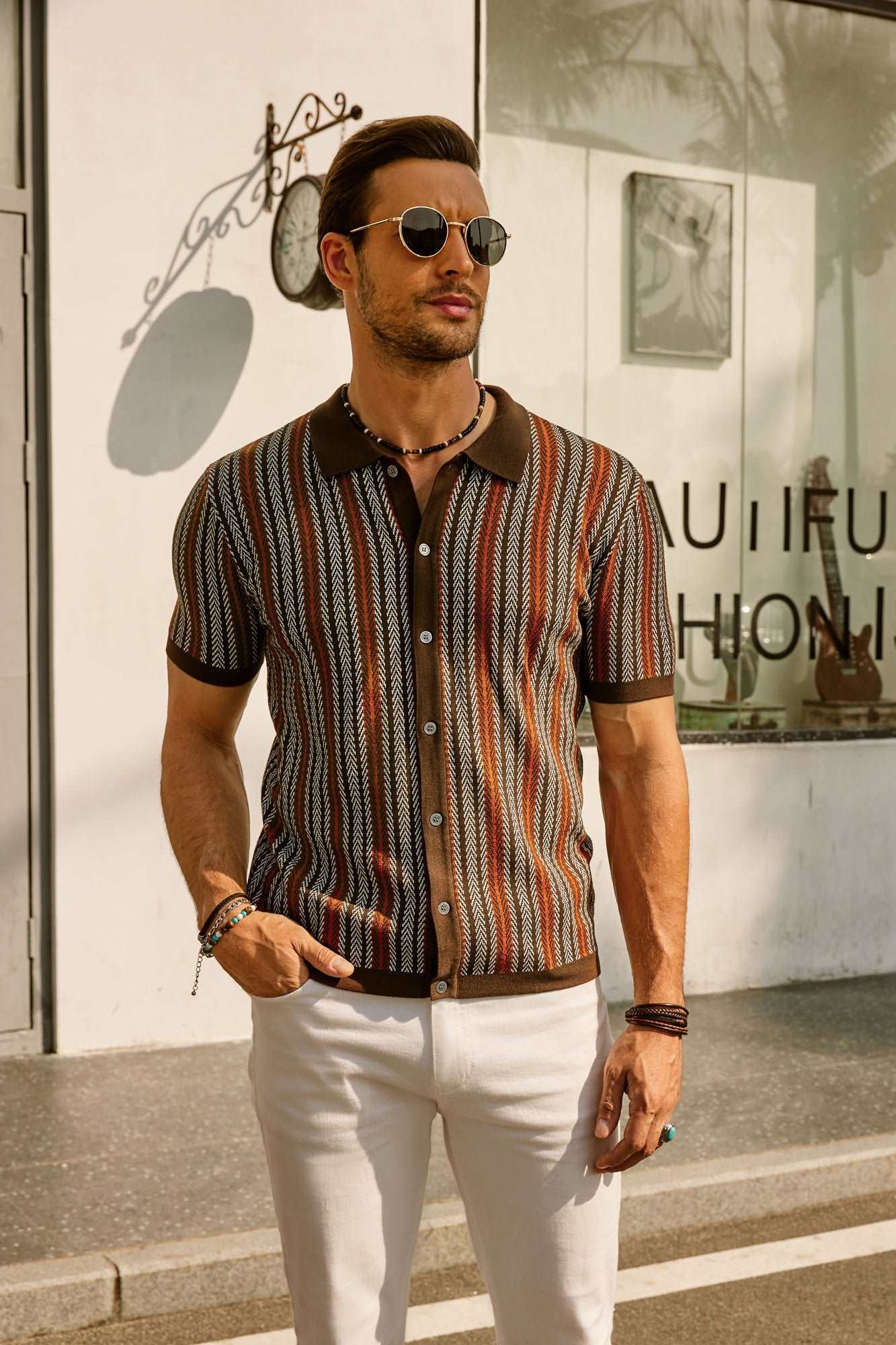 Striped Polo Shirt Men Short Sleeves Casual